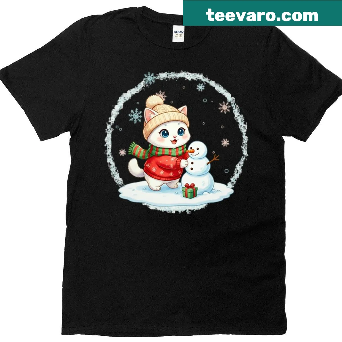 Cute Christmas shirt featuring a kitten building a snowman — on a men's t-shirt