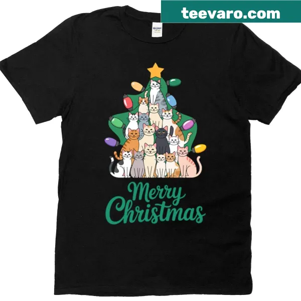 Cartoon Christmas cat tree design on a T-shirt