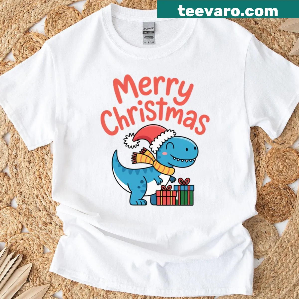 Cute Christmas t-shirt featuring a cheerful dinosaur — on a men's t-shirt