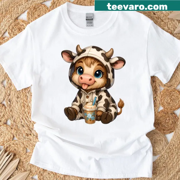 Kawaii cow t-shirt enjoying a milkshake