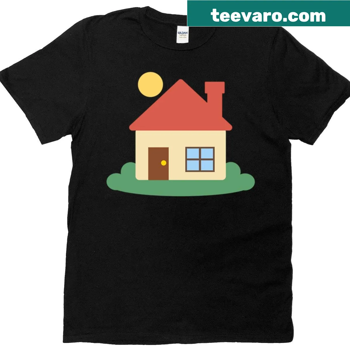Cozy cartoon house graphic T-shirt — on a men's t-shirt