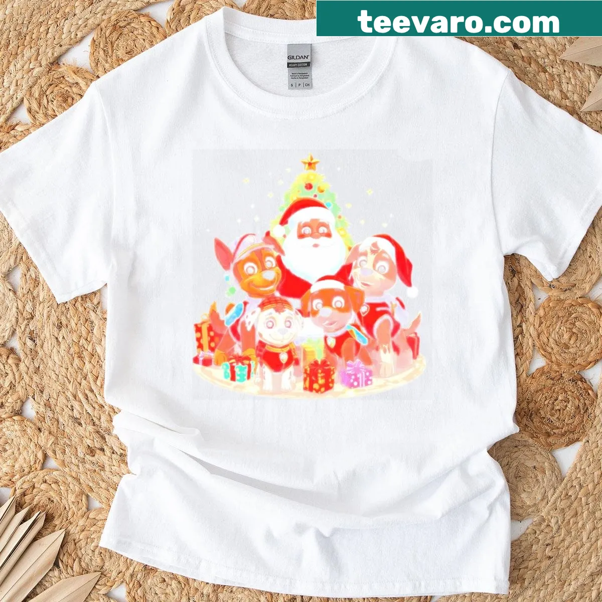 Cartoon police dogs in Christmas attire on a T-shirt. — on a men's t-shirt