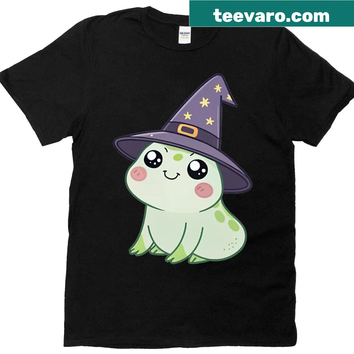 Illustration of a cute frog wearing a wizard hat in cottagecore style — on a men's t-shirt