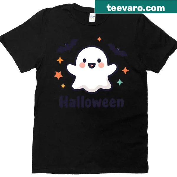 Happy Halloween ghost with bats and stars illustration