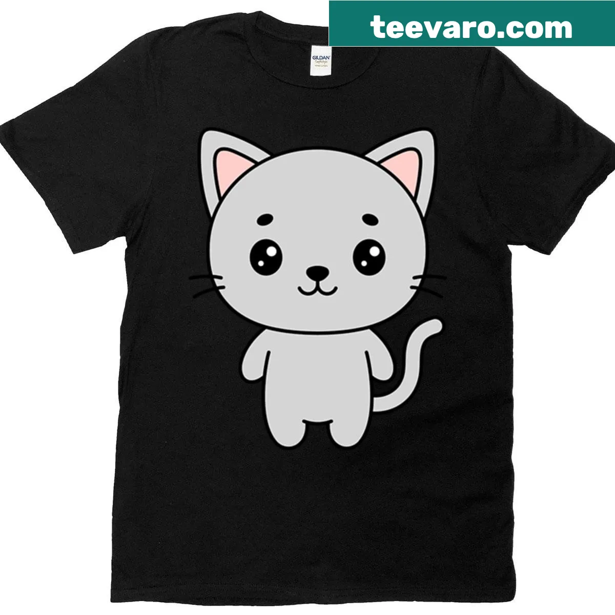 Kawaii style shirt featuring a cute grey kitten. — on a men's t-shirt