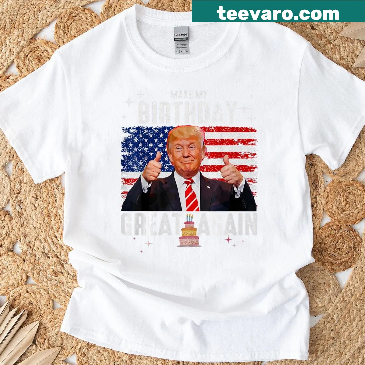 Text reading 'Make My Birthday Great Again' with birthday-themed graphics — on a men's t-shirt