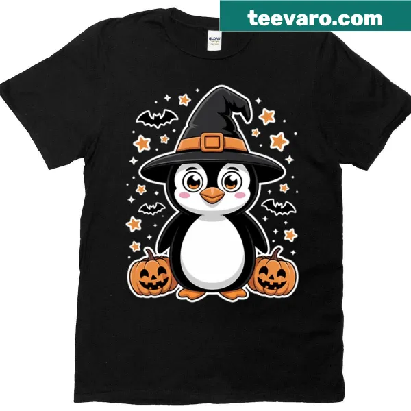 Cute penguin with pumpkin graphic on a Halloween T-shirt