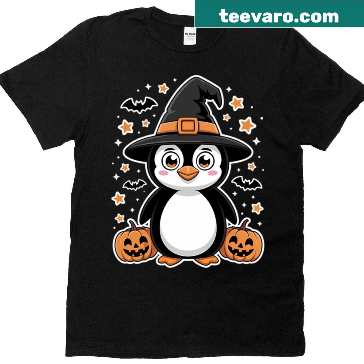 Cute penguin with pumpkin graphic on a Halloween T-shirt — on a men's t-shirt