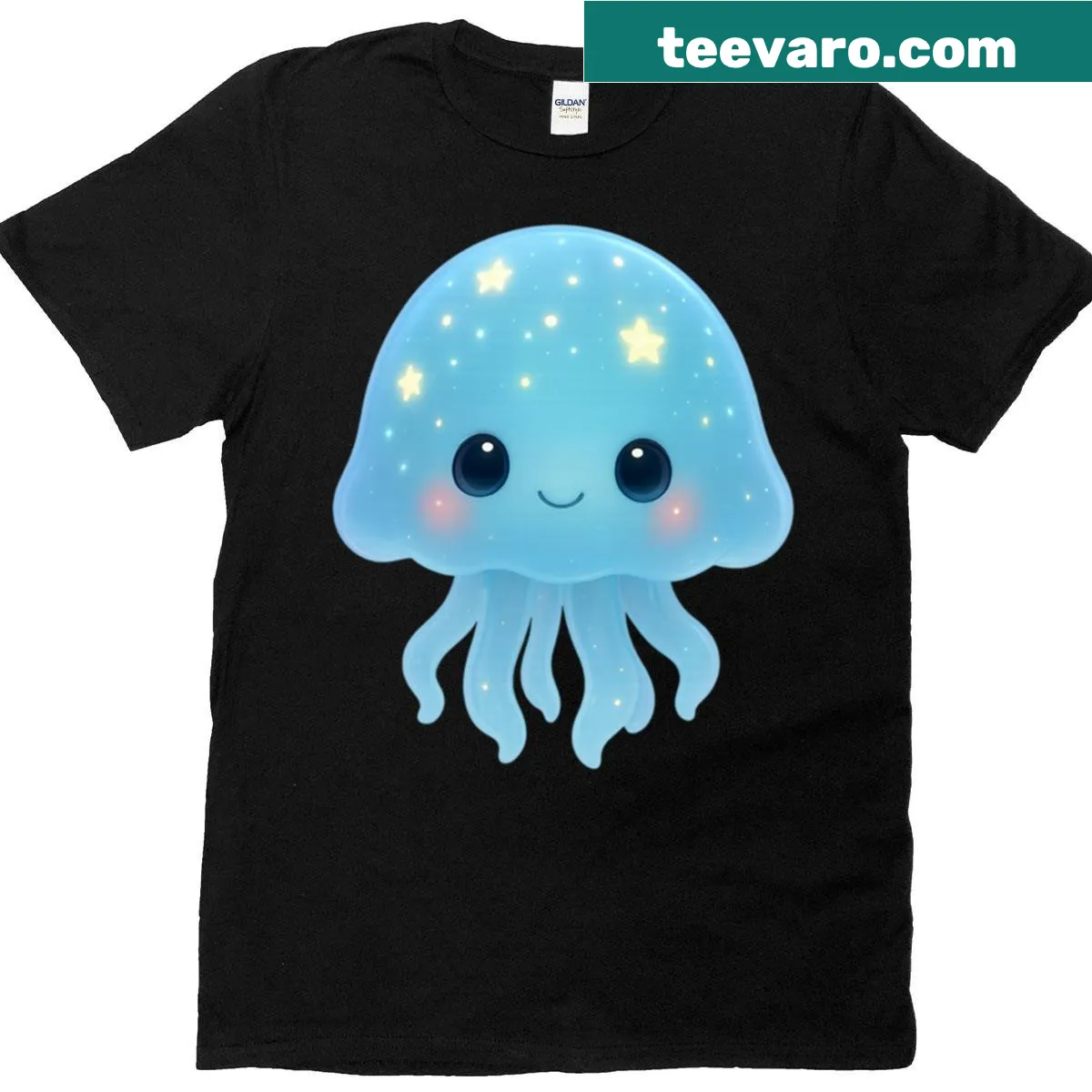 Kawaii jellyfish graphic art on T-shirt with underwater glow — on a men's t-shirt