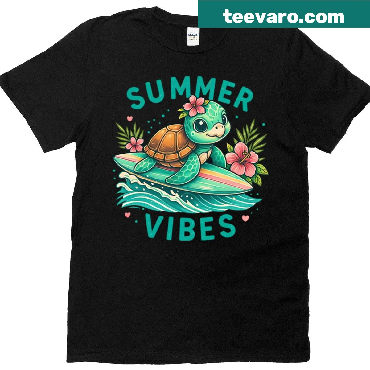 T-shirt with a cute turtle surfing and summer vibes text — on a men's t-shirt