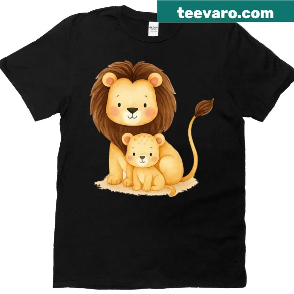Watercolor illustration of a lion and cub on a shirt.