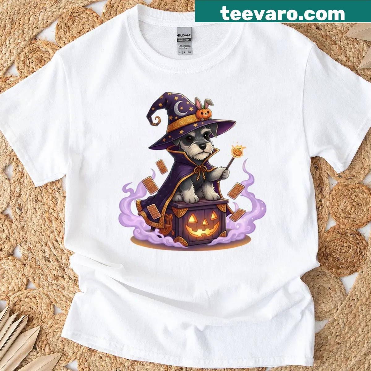 Adorable puppy in a wizard hat with stars on a t-shirt — on a men's t-shirt