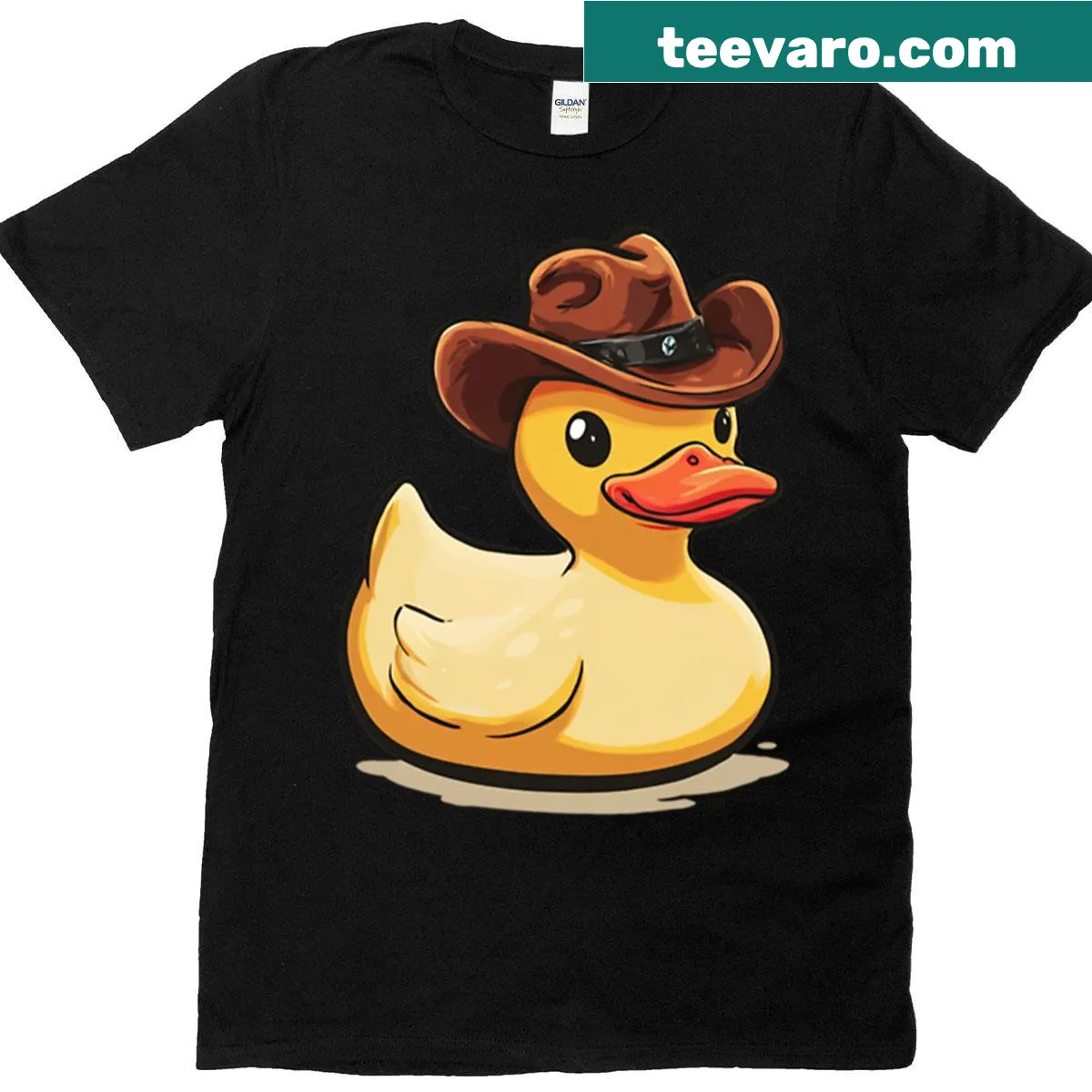 Yellow rubber duck with cowboy hat graphic on t-shirt — on a men's t-shirt