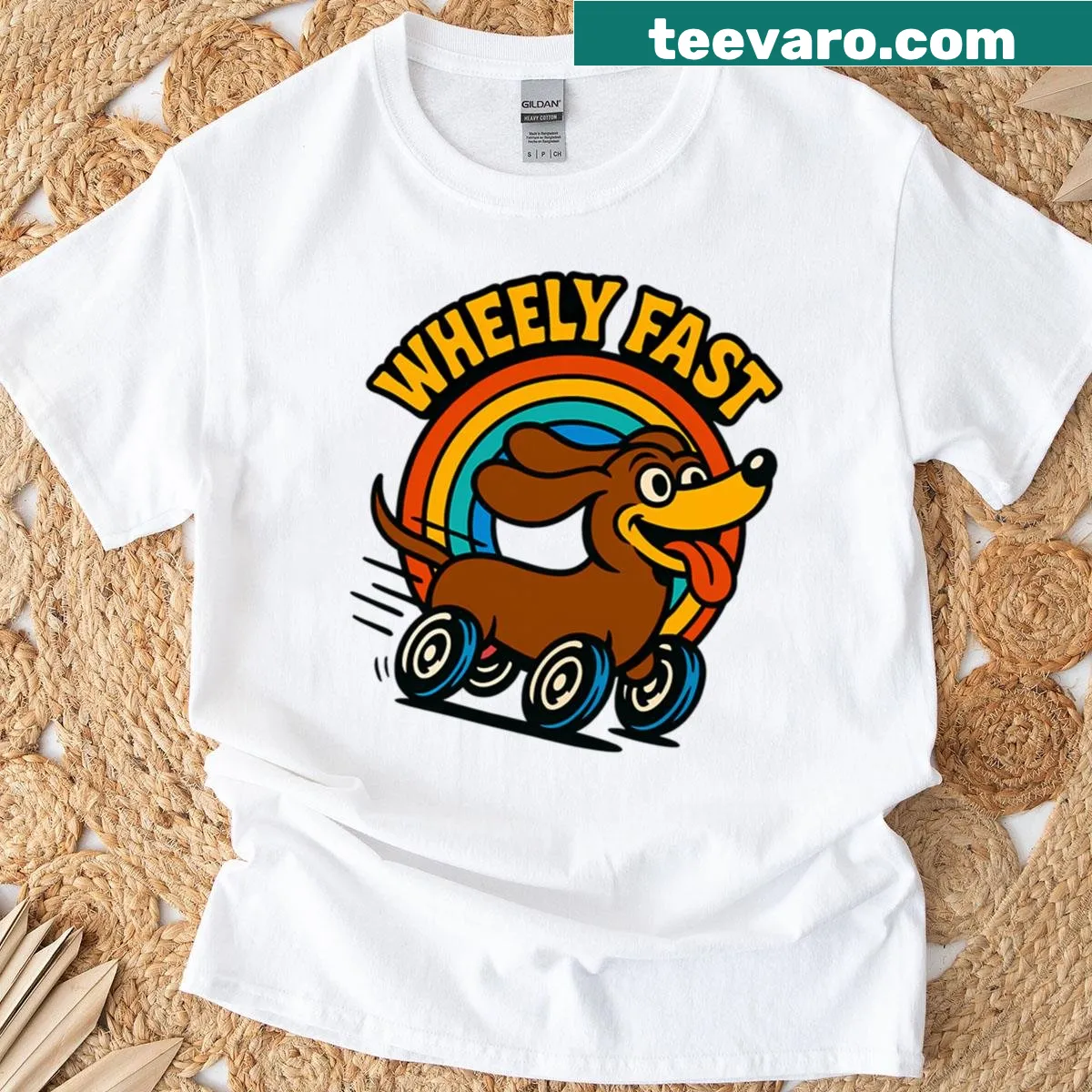 Retro cartoon dachshund on wheels in a rainbow tunnel on a T-shirt. — on a men's t-shirt
