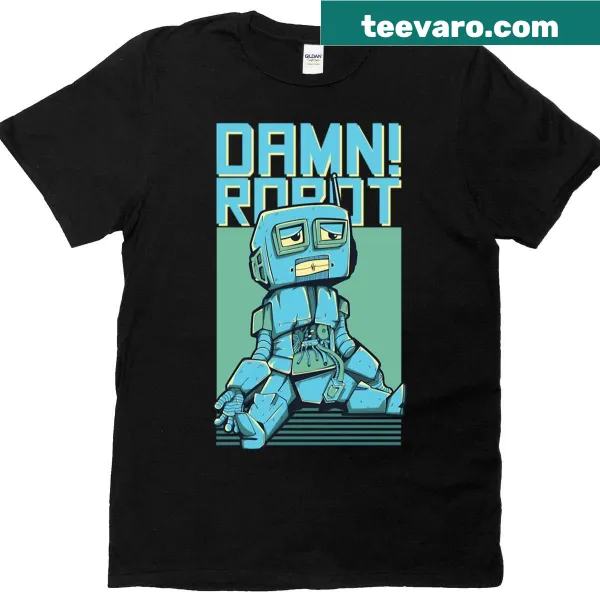 Retro sad robot graphic on a humorous t-shirt