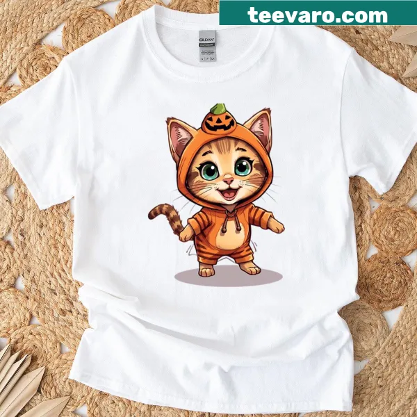 Dancing pumpkin cat graphic t-shirt for Halloween