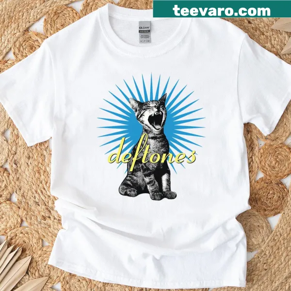 Illustrated T-shirt featuring a cat with rock elements inspired by the Deftones