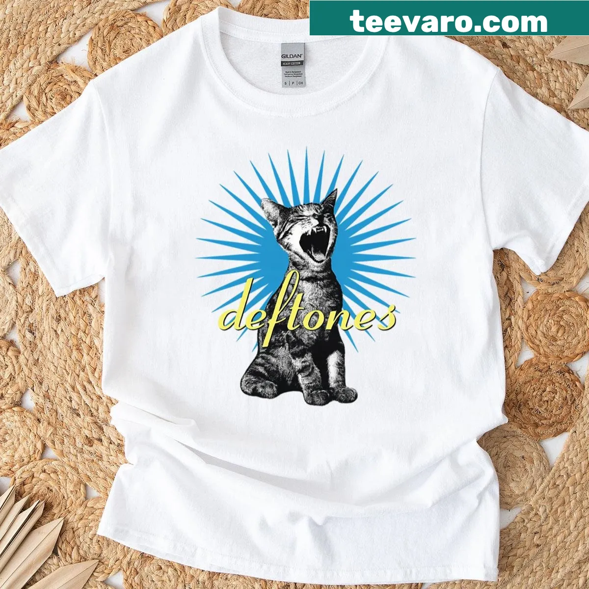 Illustrated T-shirt featuring a cat with rock elements inspired by the Deftones — on a men's t-shirt
