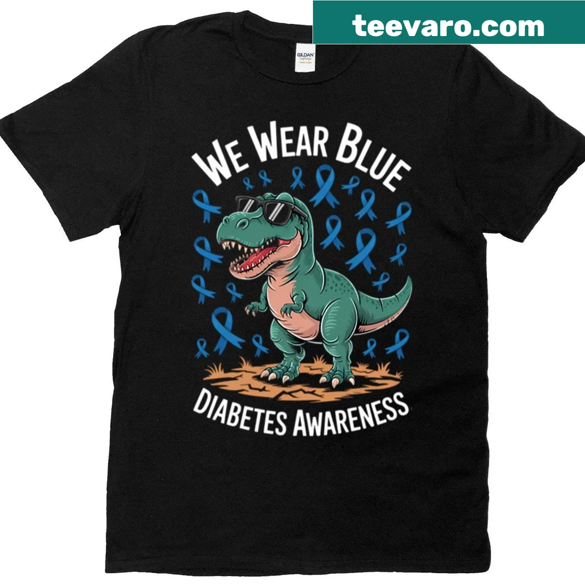 T-shirt with an illustrated dinosaur promoting diabetes awareness — on a men's t-shirt