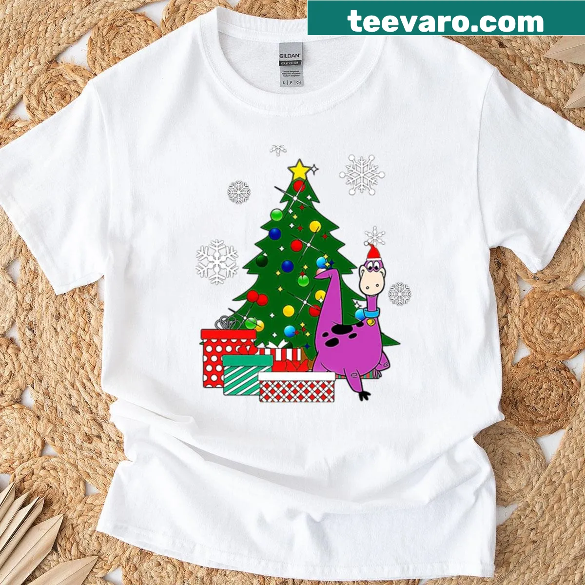 Flintstones characters around a Christmas tree on a festive t-shirt — on a men's t-shirt