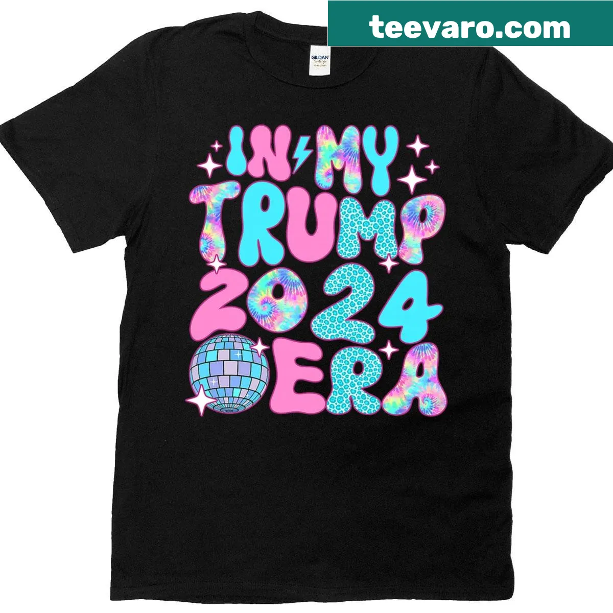 Political humor T-shirt with 'Disco In My Trump 2024 Era' text — on a men's t-shirt