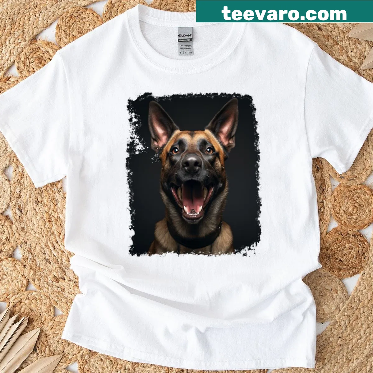 Pop art illustration of a Belgian Malinois dog on a T-shirt — on a men's t-shirt
