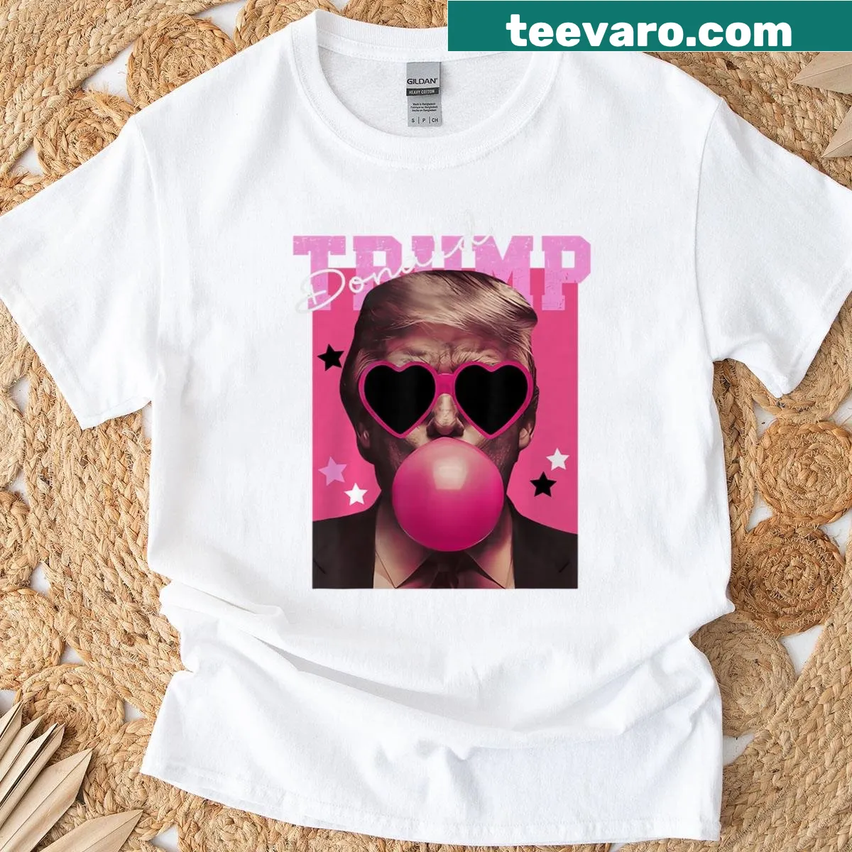 Funny t-shirt of Donald Trump blowing bubble gum — on a men's t-shirt