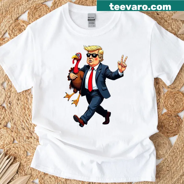 Funny Thanksgiving design featuring Donald Trump with a turkey and pumpkin.