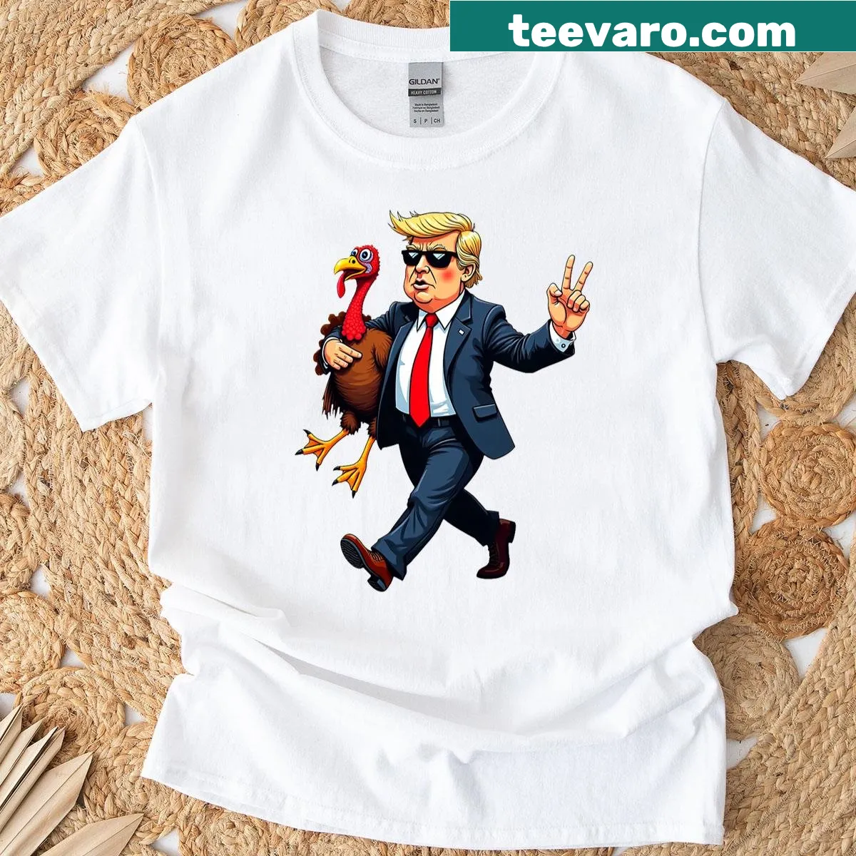 Funny Thanksgiving design featuring Donald Trump with a turkey and pumpkin. — on a men's t-shirt