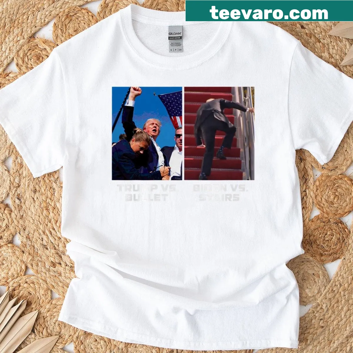 Humorous Trump, Biden, and stairs graphic T-shirt — on a men's t-shirt