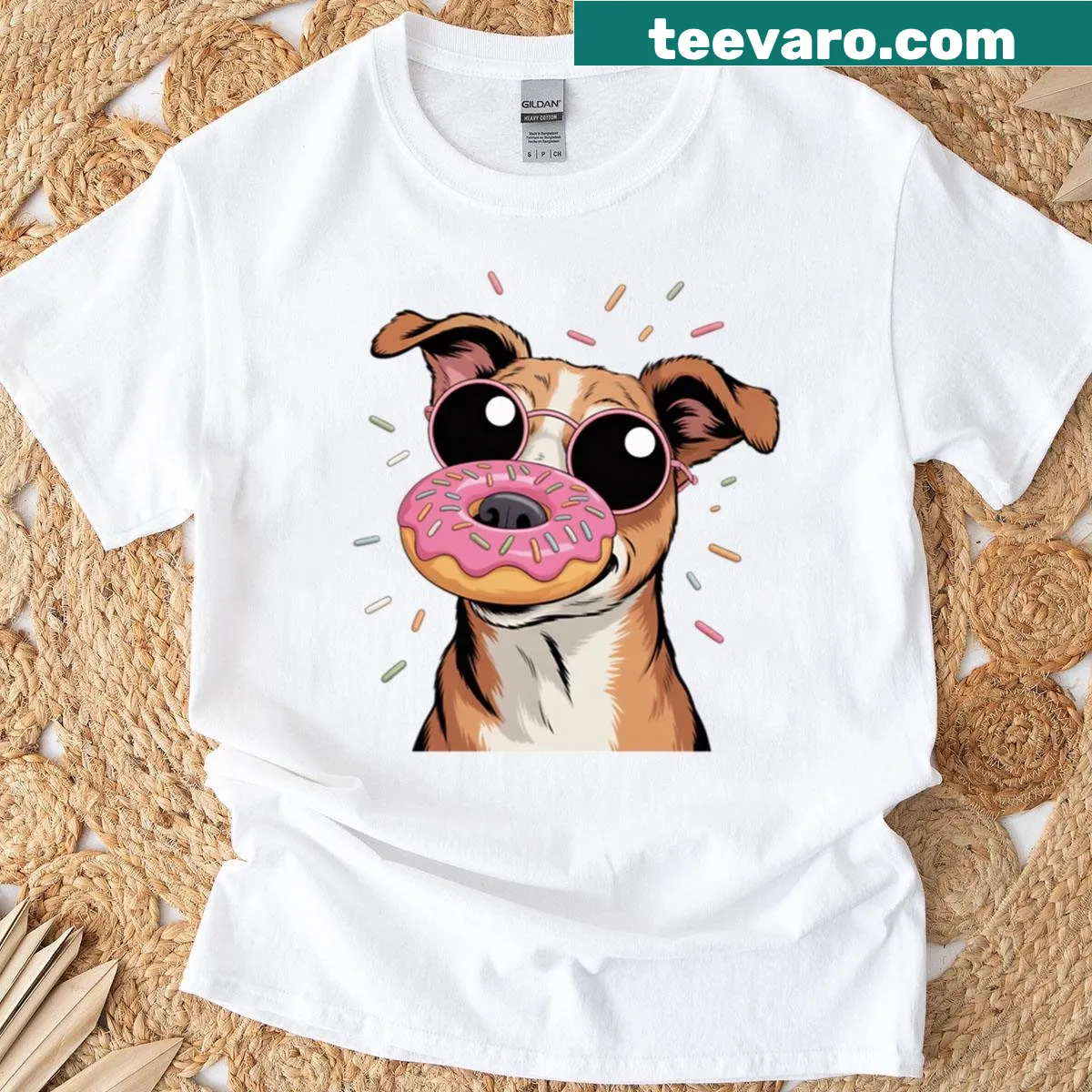 Cartoon dog balancing a donut on its nose — on a men's t-shirt