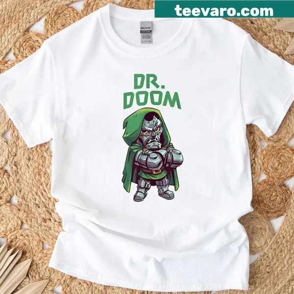 Cartoon-style T-shirt featuring Dr. Doom for gaming enthusiasts.