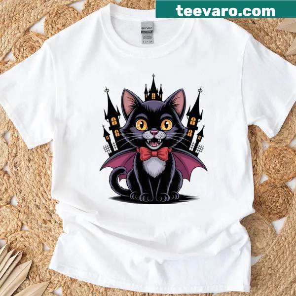 Cute black cat dressed as Dracula with a spooky castle