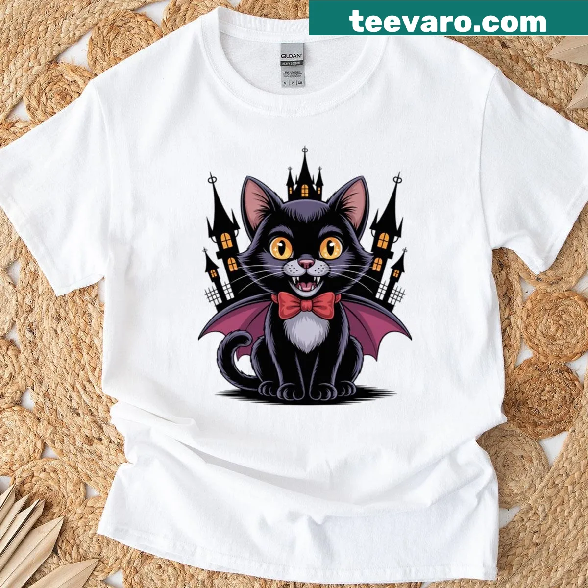 Cute black cat dressed as Dracula with a spooky castle — on a men's t-shirt