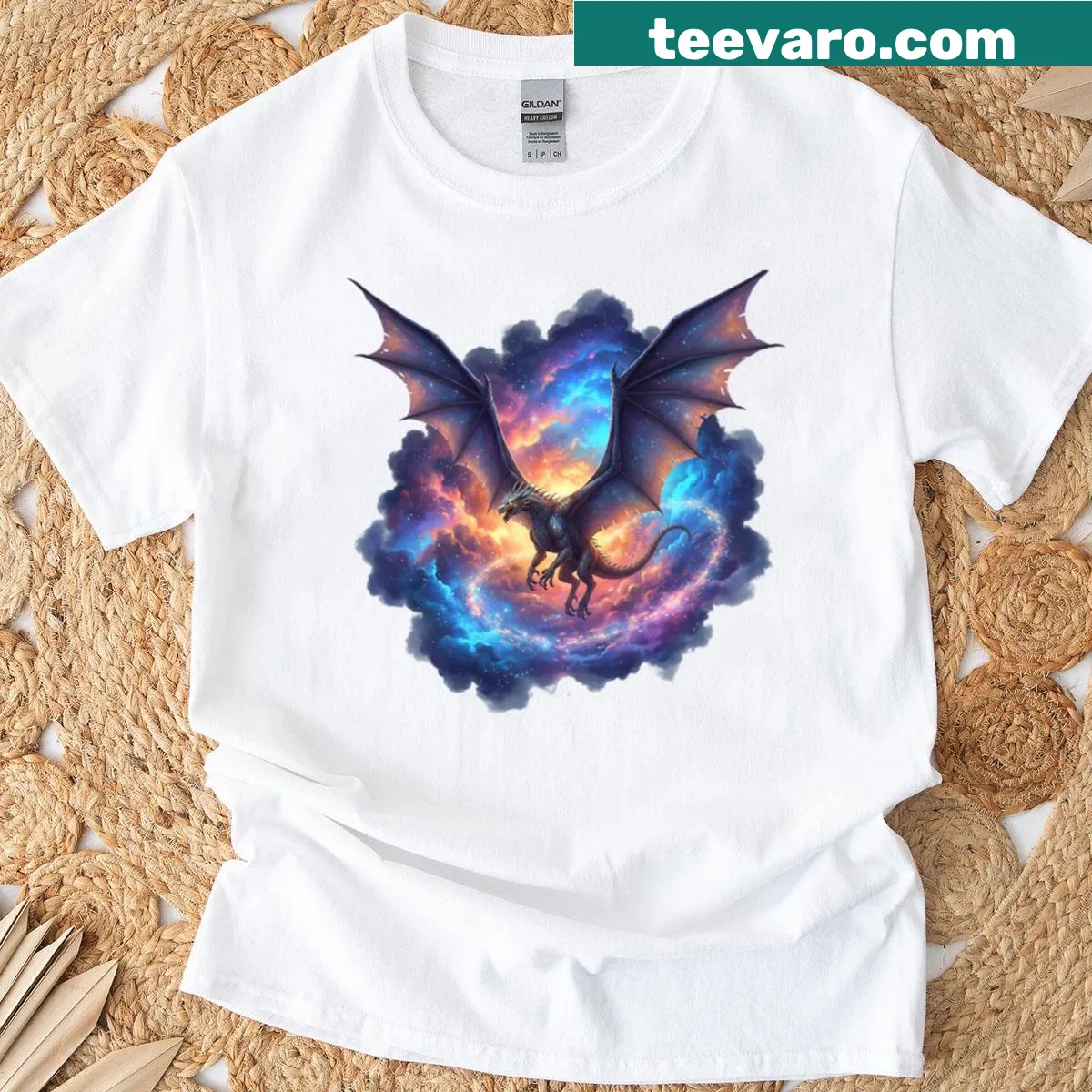 Dragon design on a T-shirt depicting a nebula backdrop — on a men's t-shirt