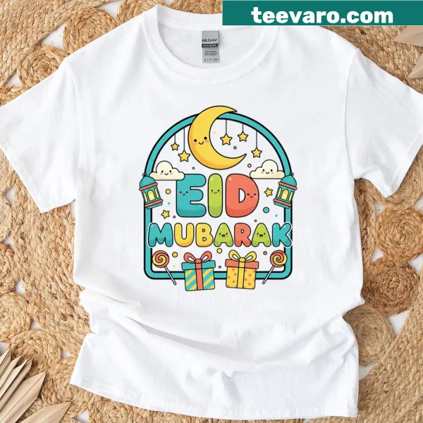 Cute cartoon Eid Mubarak t-shirt with an arch frame graphic