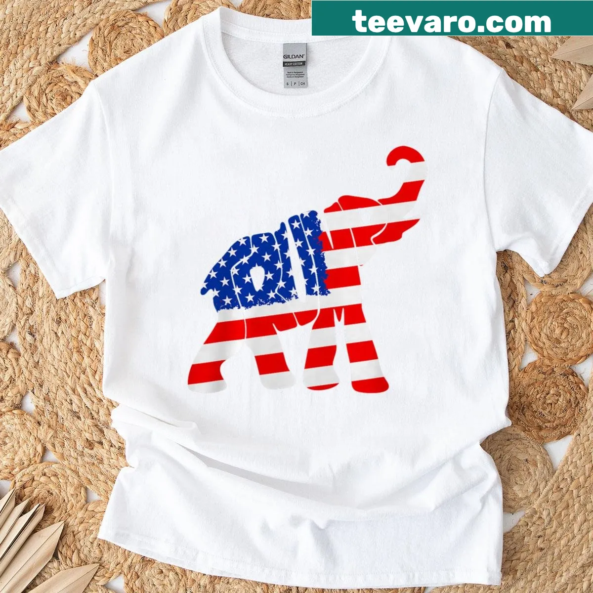 T-shirt featuring an elephant with an American flag design — on a men's t-shirt