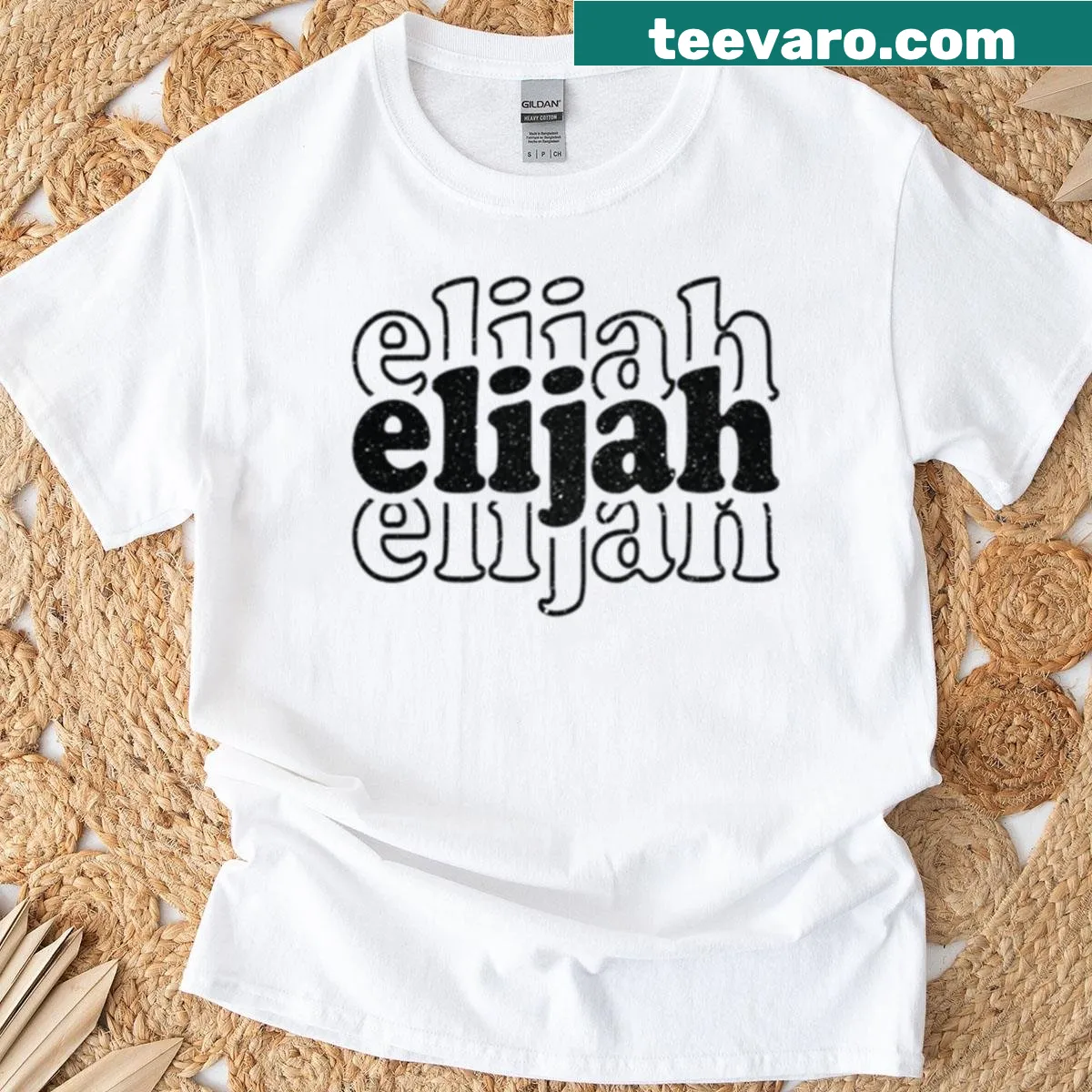 Personalized t-shirt featuring the name Elijah in stylish typography — on a men's t-shirt