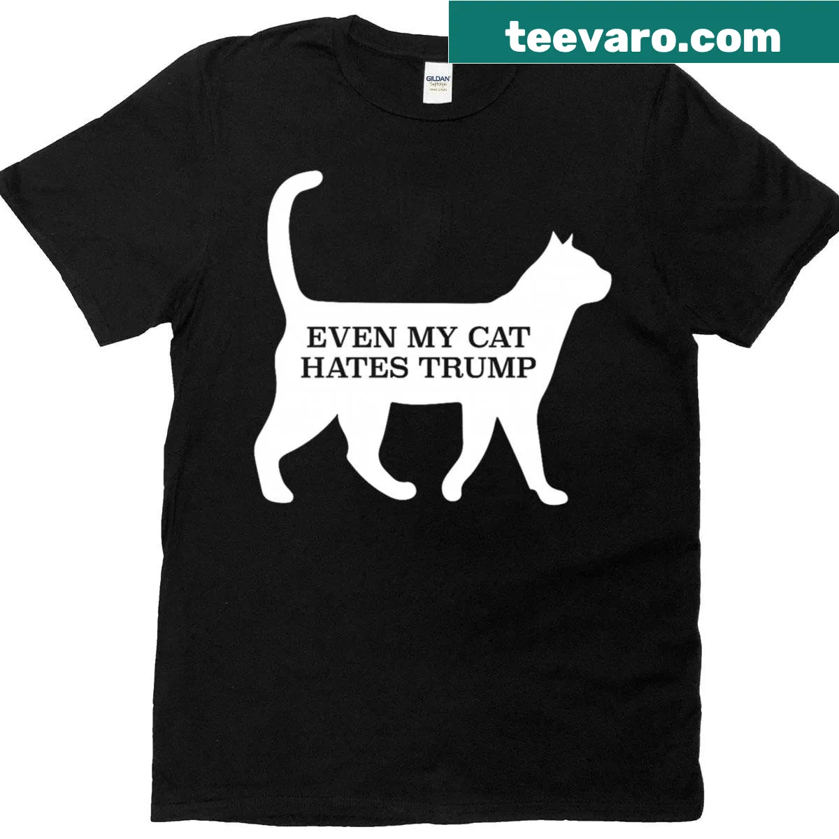 Text that says 'Even My Cat Hates Trump' on a t-shirt — on a men's t-shirt