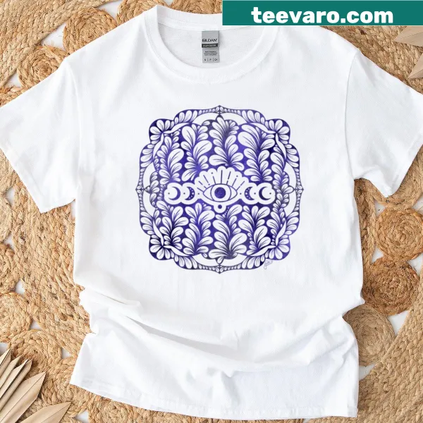 Mystic T-shirt featuring moon phases, evil eye, and flower petal art.