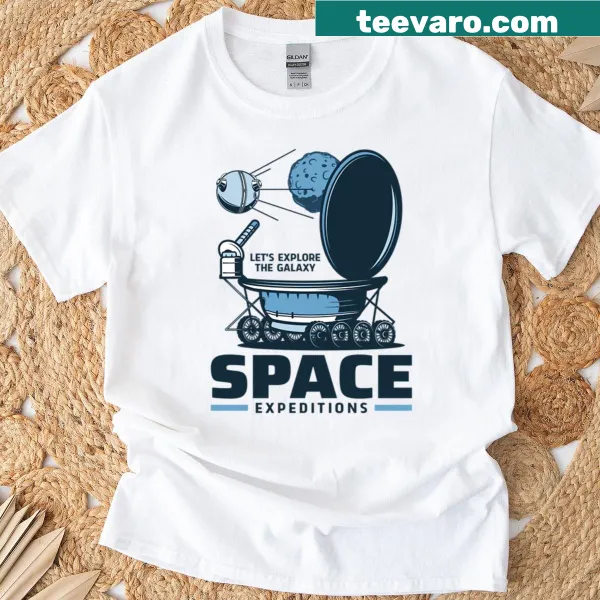 Graphic of an exploration satellite in the galaxy on a t-shirt
