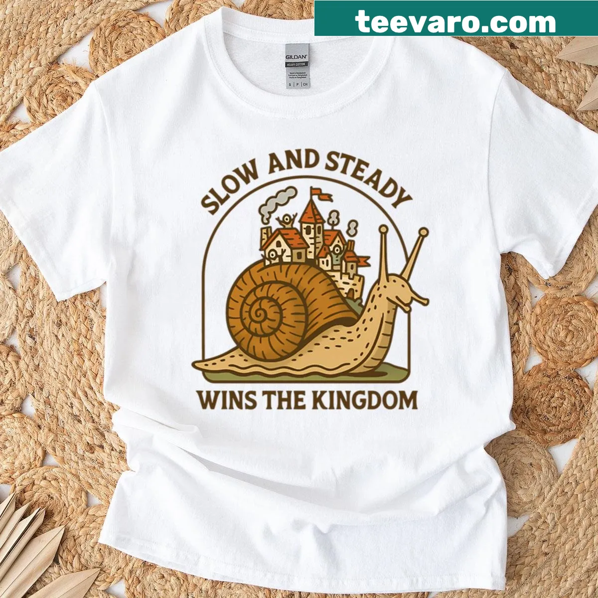 Whimsical snail village illustration on a fantasy T-shirt — on a men's t-shirt
