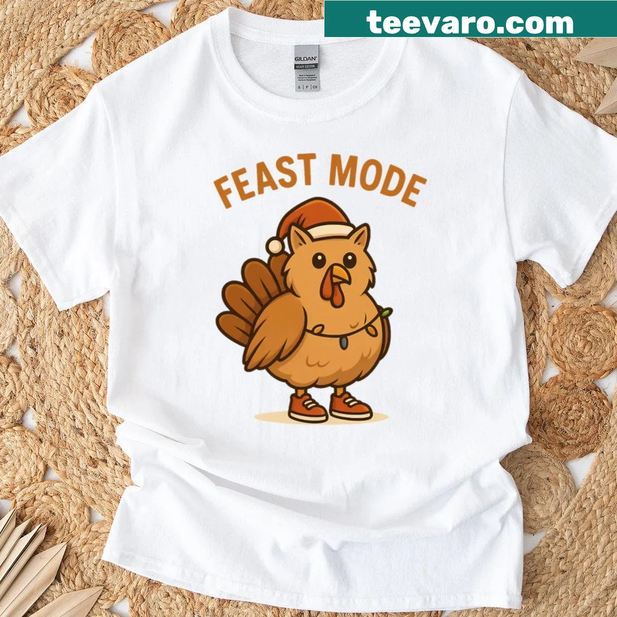 Funny holiday t-shirt with 'Feast Mode' turkey illustration — on a men's t-shirt