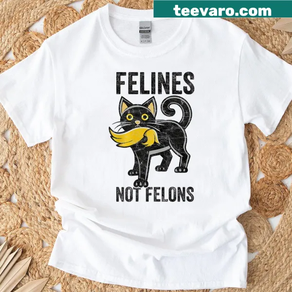 Cat illustration eating Trump hair with 'Felines Not Felons' text