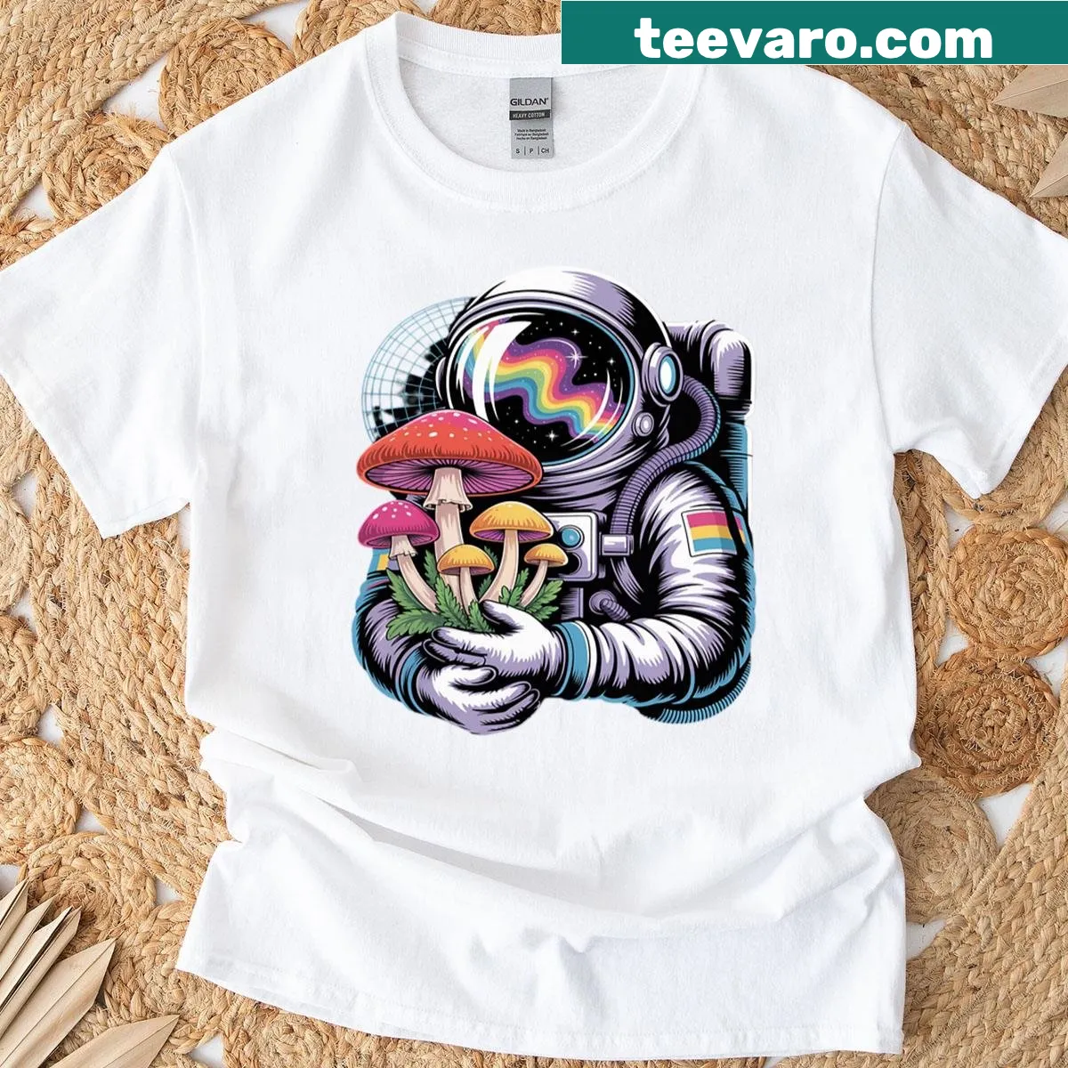 Psychedelic astronaut graphic on a music festival-themed T-shirt — on a men's t-shirt