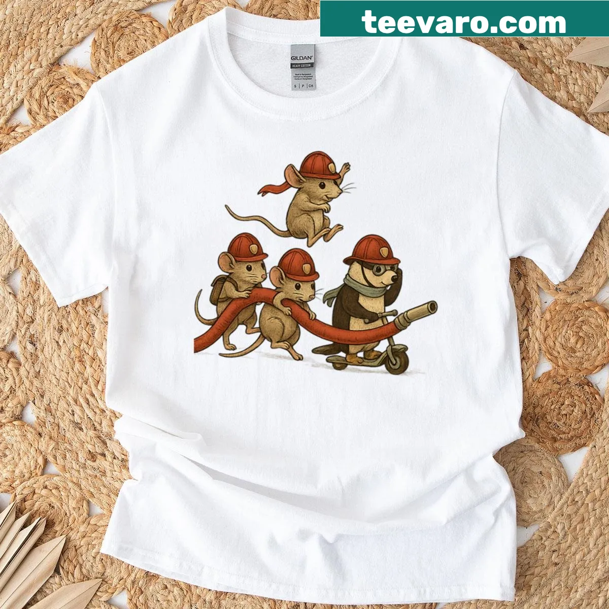 Cartoon firefighter mice in action on oversized t-shirt — on a men's t-shirt