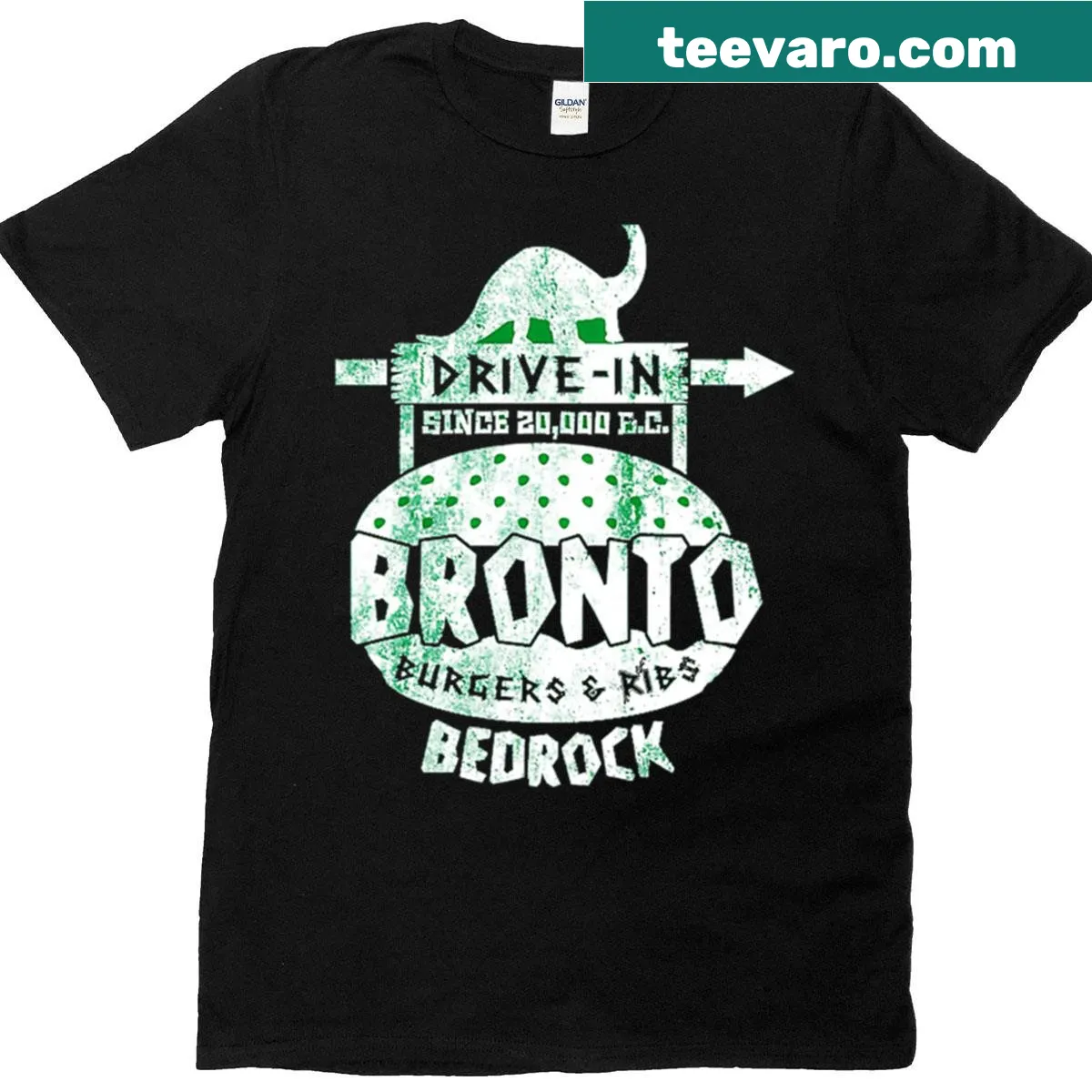Illustrated Bronto Burgers and Ribs graphic from the Flintstones — on a men's t-shirt