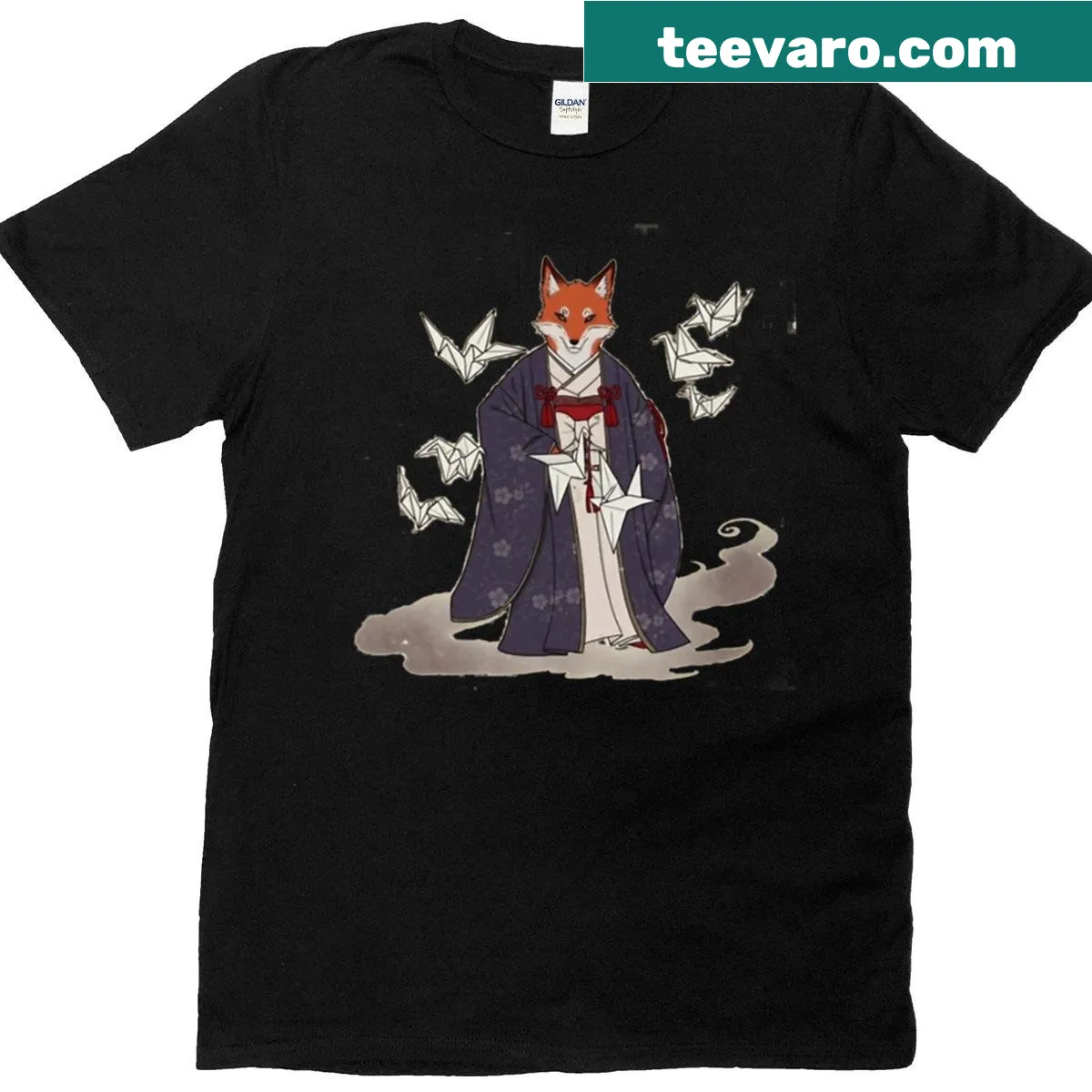 Illustration of a fox surrounded by origami figures — on a men's t-shirt