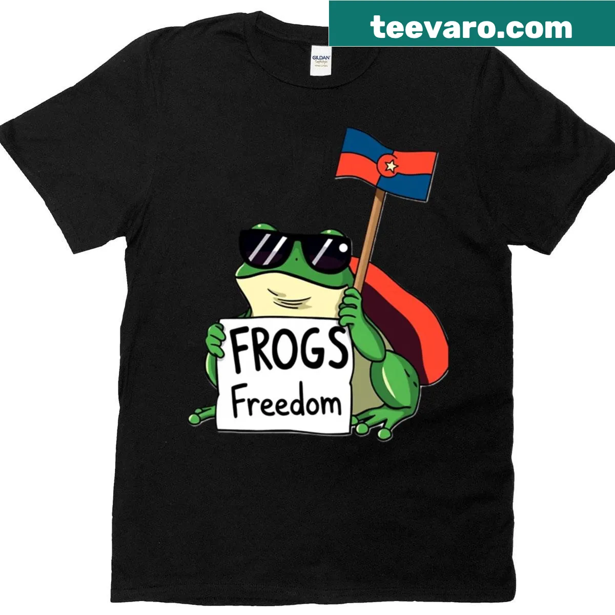 Cartoon frog wearing sunglasses with a flag design, satirical humor — on a men's t-shirt