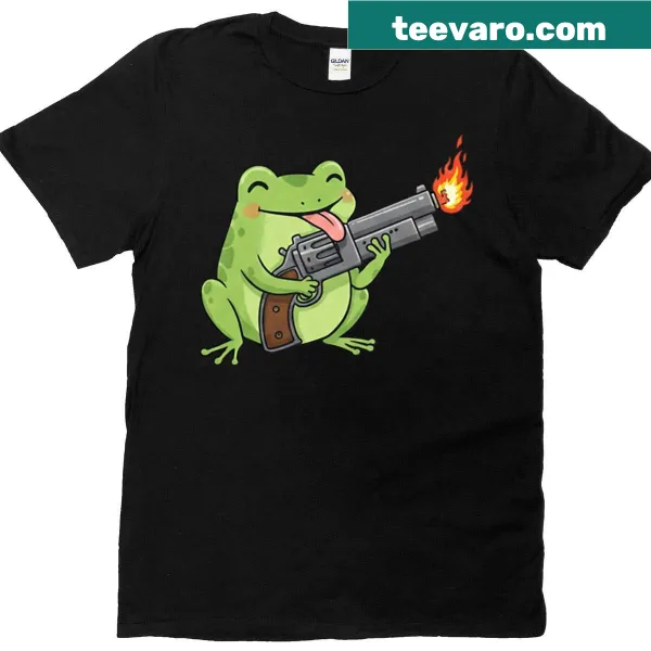 Frog holding a machine gun graphic on a humorous shirt